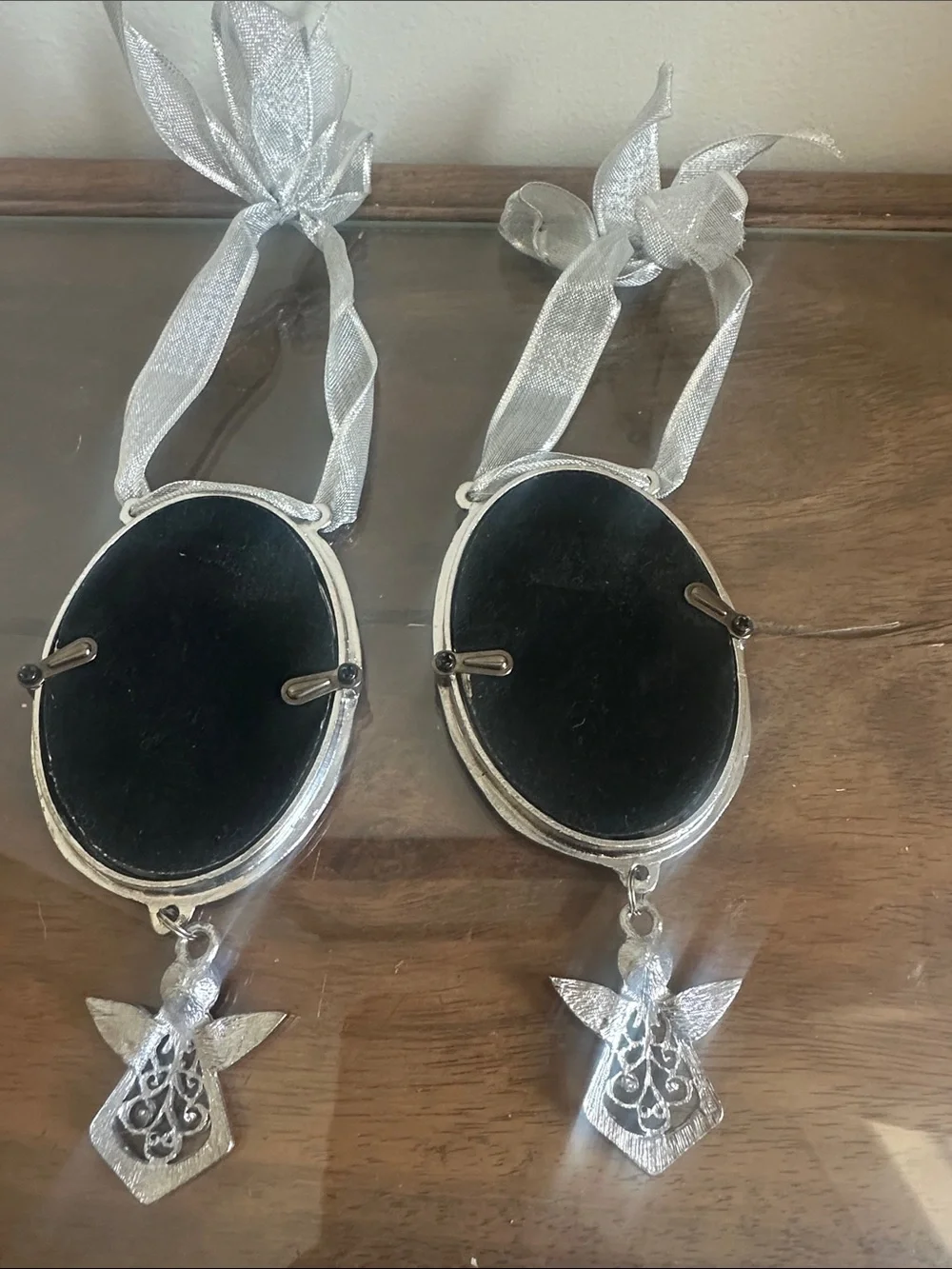 Silver-Tone Oval Photo Frame Ornaments with Guardian Angel Charms - Set of 2